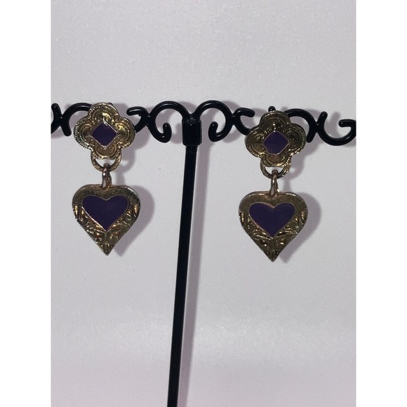 Purple & Gold-Tone Art Nouveau Heart Dangle Earrings Vintage! - Picture 3 of 10